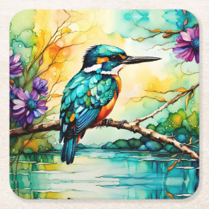 Kingfisher over Water and Wildflowers Square Paper Coaster