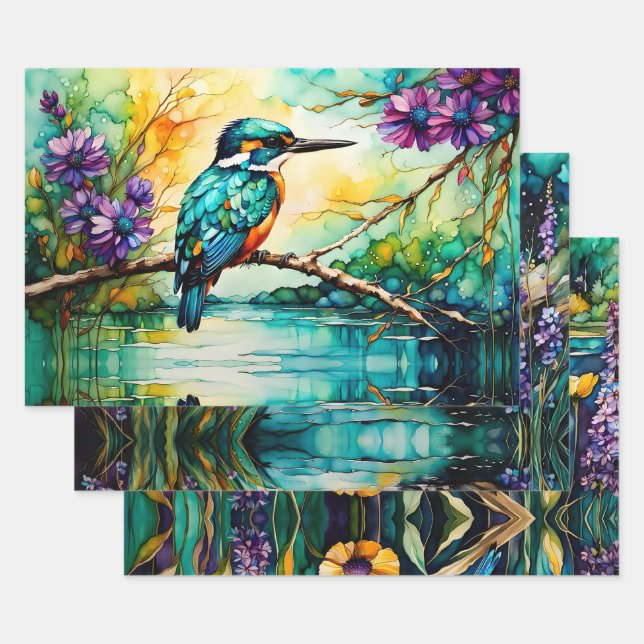 Kingfisher over Water and Wildflowers Wrapping Paper Sheet (Set)