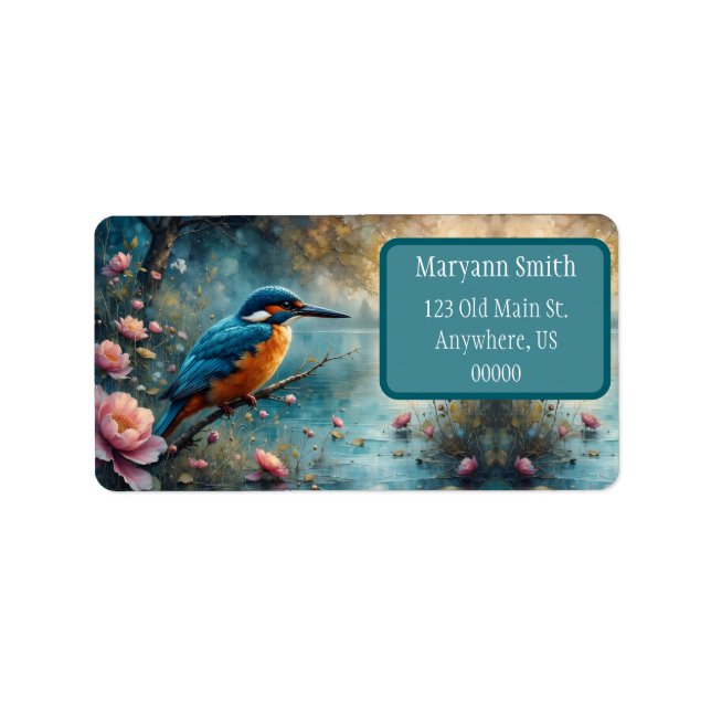 Kingfisher perched over water pink flowers label (Front)