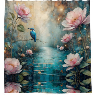 Kingfisher perched over water Pink Roses Shower Curtain