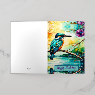 Kingfisher perched over water Wildflowers Birthday Foil Greeting Card