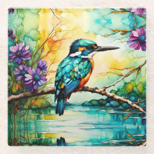 Kingfisher perched over water Wildflowers  Glass Coaster