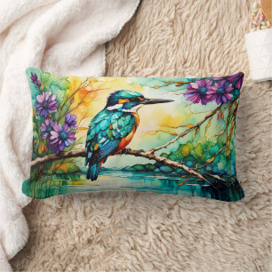 Kingfisher perched over water Wildflowers  Lumbar Cushion
