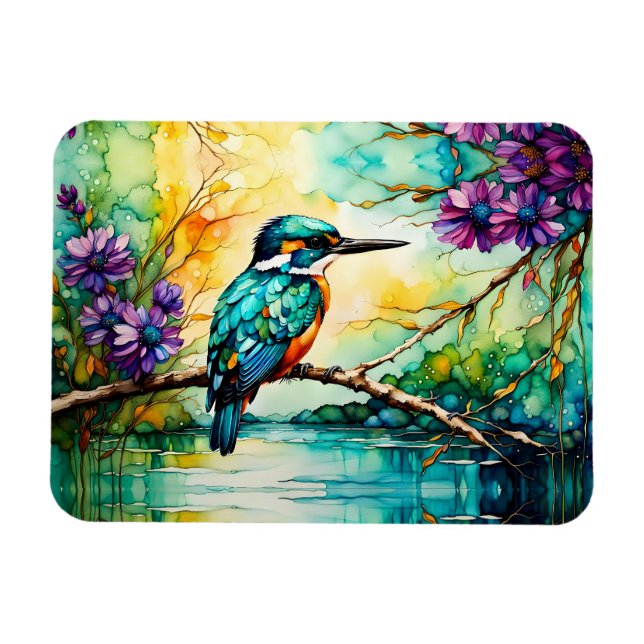 Kingfisher perched over water Wildflowers  Magnet (Horizontal)