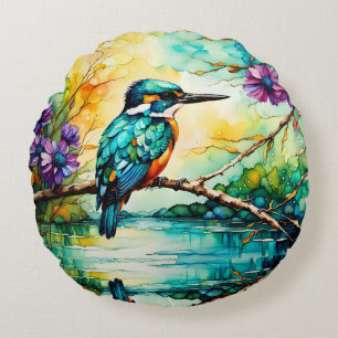 Kingfisher perched over water Wildflowers  Round Cushion