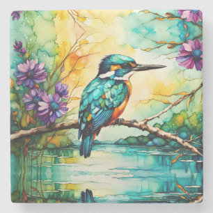 Kingfisher perched over water Wildflowers  Stone Coaster