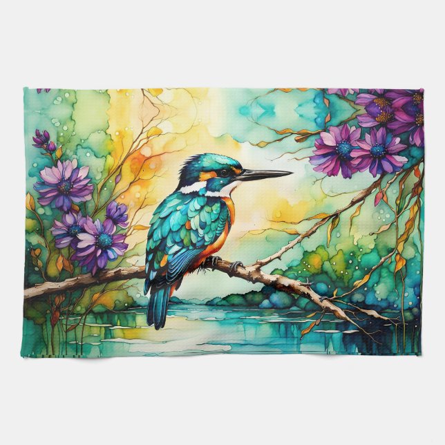 Kingfisher perched over water Wildflowers  Tea Towel (Horizontal)