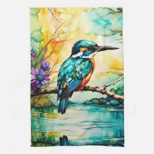 Kingfisher perched over water Wildflowers Tea Towel