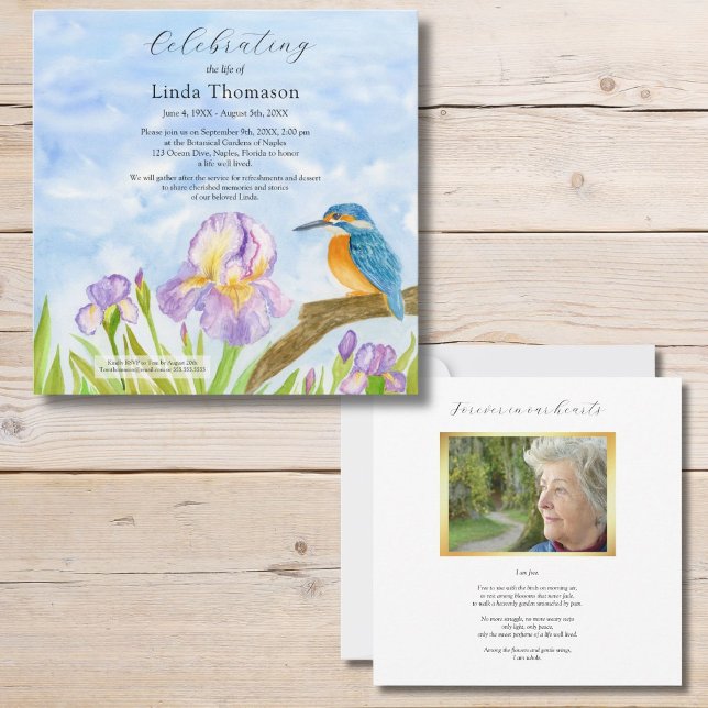  Kingfisher Purple Irises Celebration of Life Invitation (Creator Uploaded)