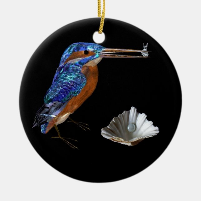 KINGFISHER & SEASHELLS BLUE SAPPHIRE MONOGRAM CERAMIC TREE DECORATION (Front)