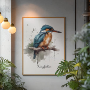 Kingfisher sitting on a branch, customisable poster