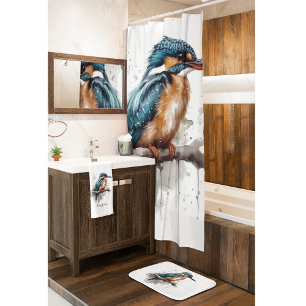 Kingfisher sitting on a branch in water colour shower curtain