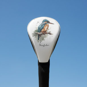 Kingfisher sitting on a branch in watercolor golf head cover