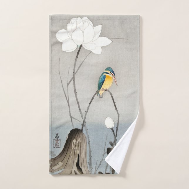 Kingfisher with Lotus Flower - Ohara Koson -  Hand Towel (Hand Towel)
