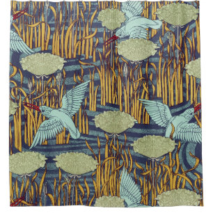 KINGFISHERS AND FLOWERING RUSH Art Nouveau Floral Shower Curtain