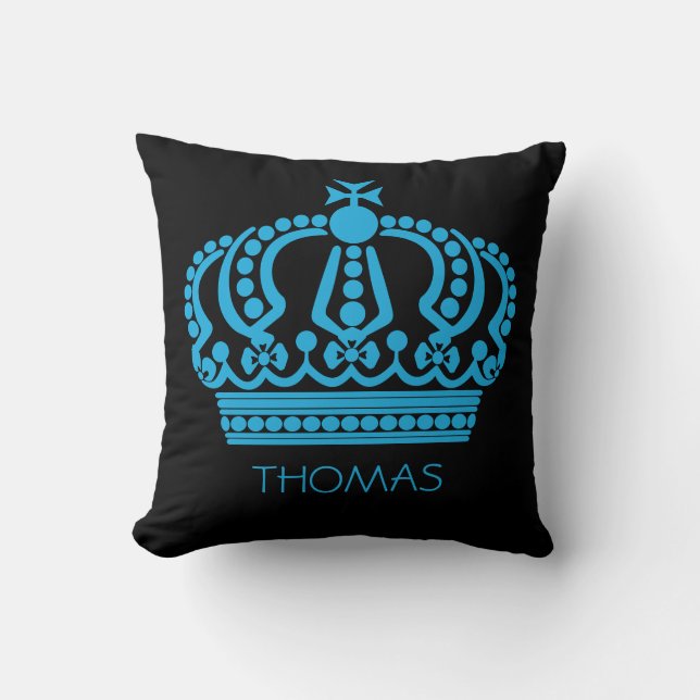 King's Blue Crown On Black Name Personalised Cushion (Front)
