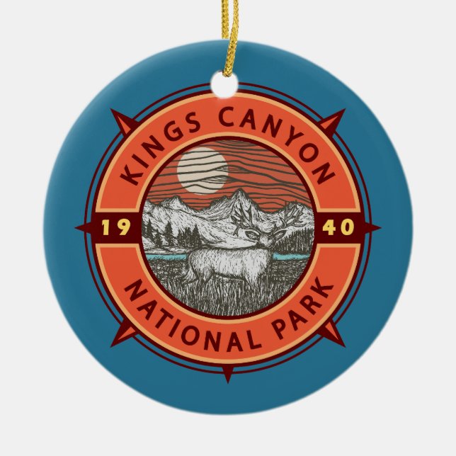 Kings Canyon National Park Mule Deer Retro Compass Ceramic Tree Decoration (Front)