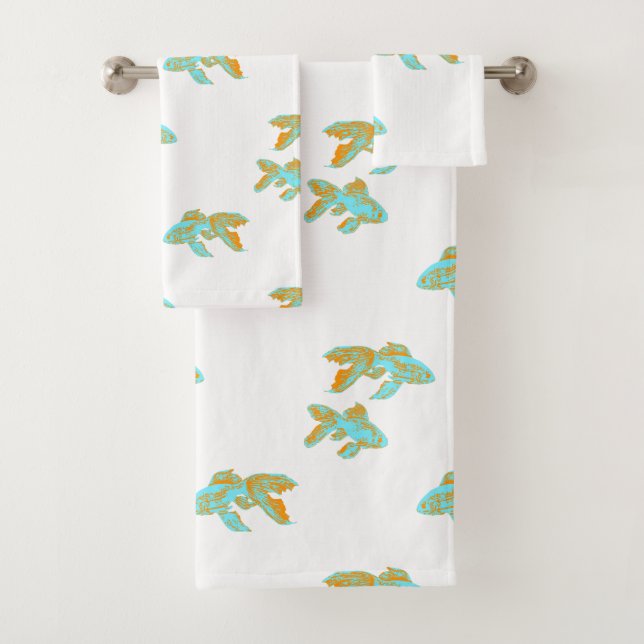 Kingyo Goldfish Blue and Orange Bath Towel Set (Insitu)