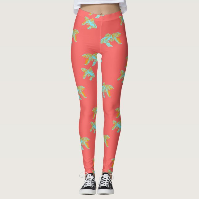 Kingyo Goldfish Light Blue and Orange Leggings (Front)