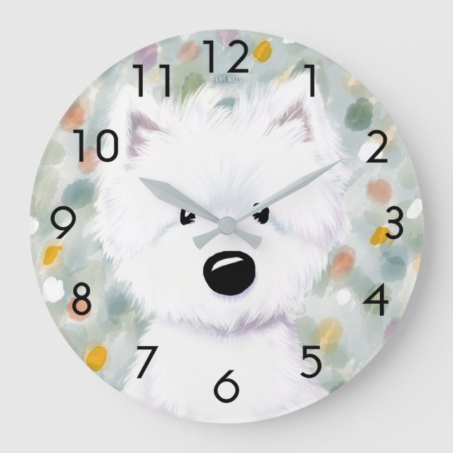 KiniArt Fluffy Westie Impressions  Large Clock (Front)