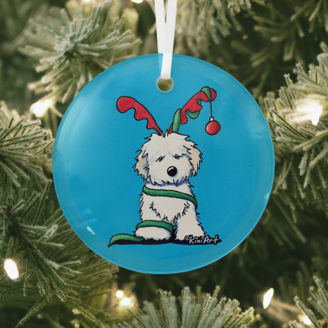 KiniArt Havanese Reindeer Glass Ornament (Insitu)