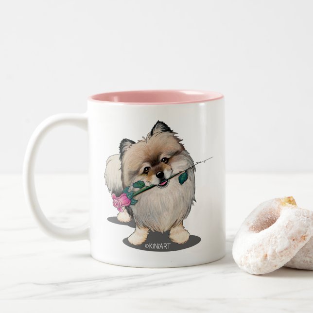 KiniArt Pomeranian Walter Portrait Two-Tone Coffee Mug (With Donut)