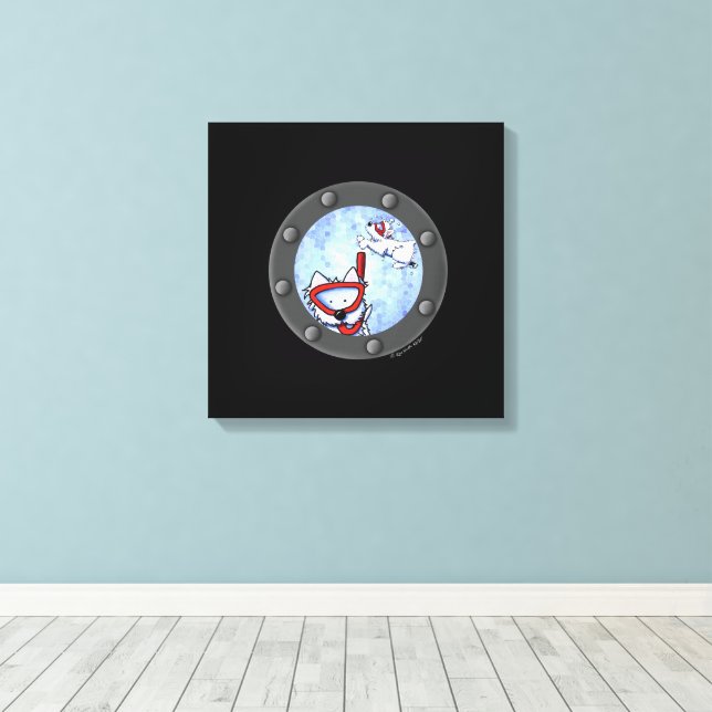 KiniArt Snorkelling Westie Terriers Porthole Canvas Print (Insitu(Wood Floor))
