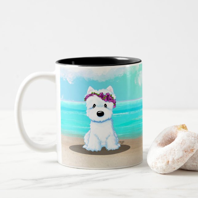 KiniArt™️ Westie Beach Blossom Two-Tone Coffee Mug (With Donut)