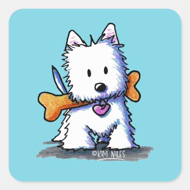 KiniArt Westie with Bone Square Sticker (Front)