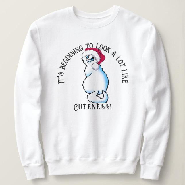 KiniArt White Cat Christmas Sweatshirt (Design Front)