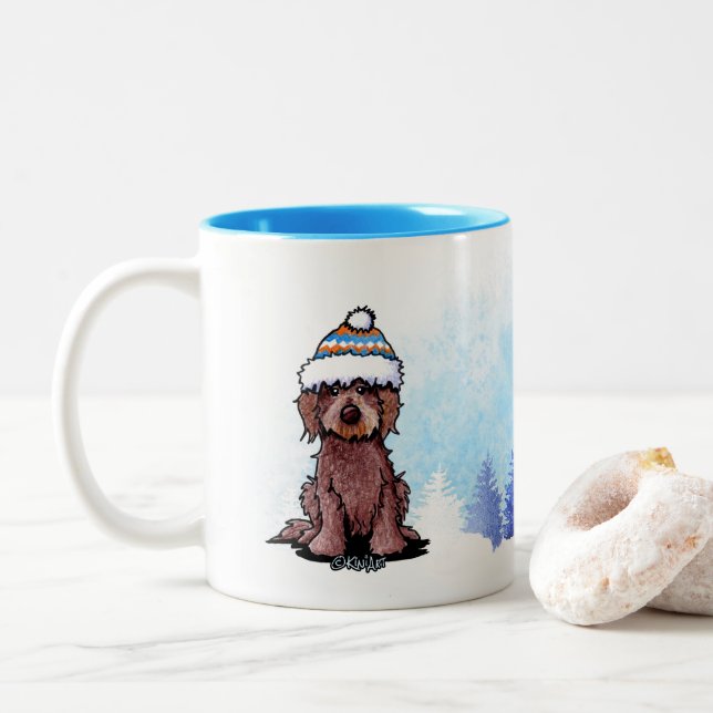 KiniArt Winter Chocolate Doodle Dog Two-Tone Coffee Mug (With Donut)