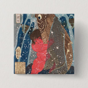 Kintoki Swims up the Waterfall 15 Cm Square Badge