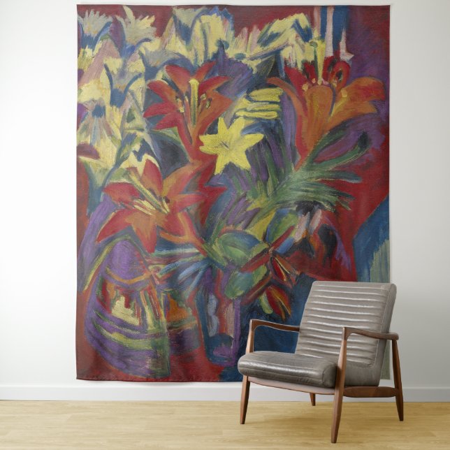  Kirchner Expressionist Vibrant Orange Lilies Art Tapestry (In Situ)