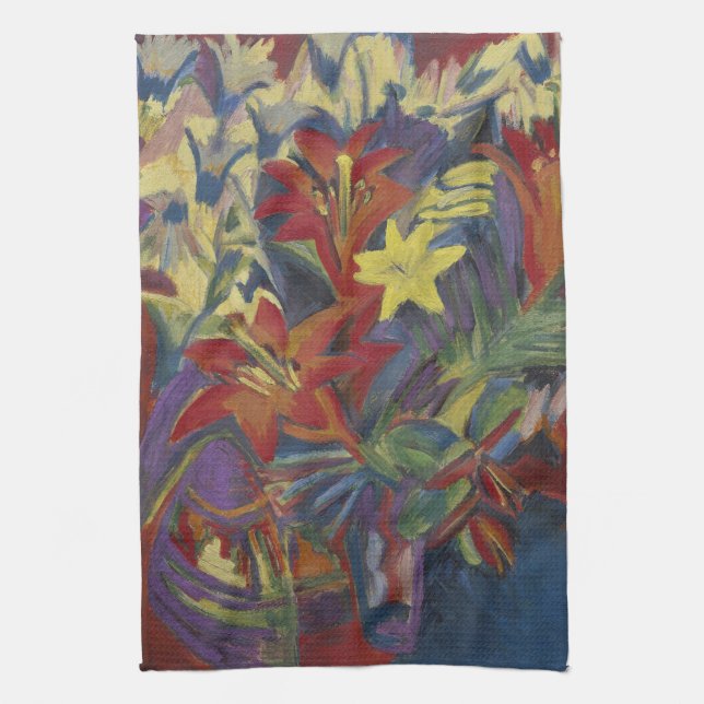 Kirchner Expressionist Vibrant Orange Lilies Art Tea Towel (Vertical)