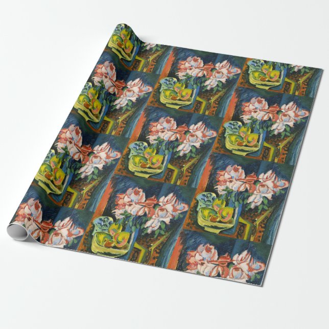 Kirchner Pink Roses Expressionist Floral Art Wrapping Paper (Unrolled)