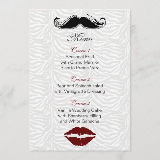 kiss and moustache zebra stripes wedding menu (Front)
