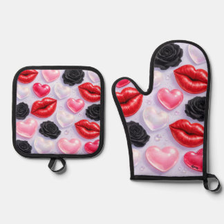 Kiss and roses oven mitt & pot holder set