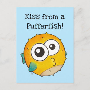Kiss from a Pufferfish, Cute Yellow Blowfish Postcard