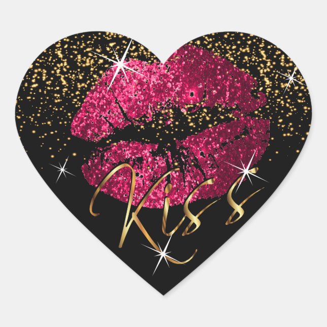 Kiss Hot Pink and Gold Glitter Lips Heart Sticker (Front)
