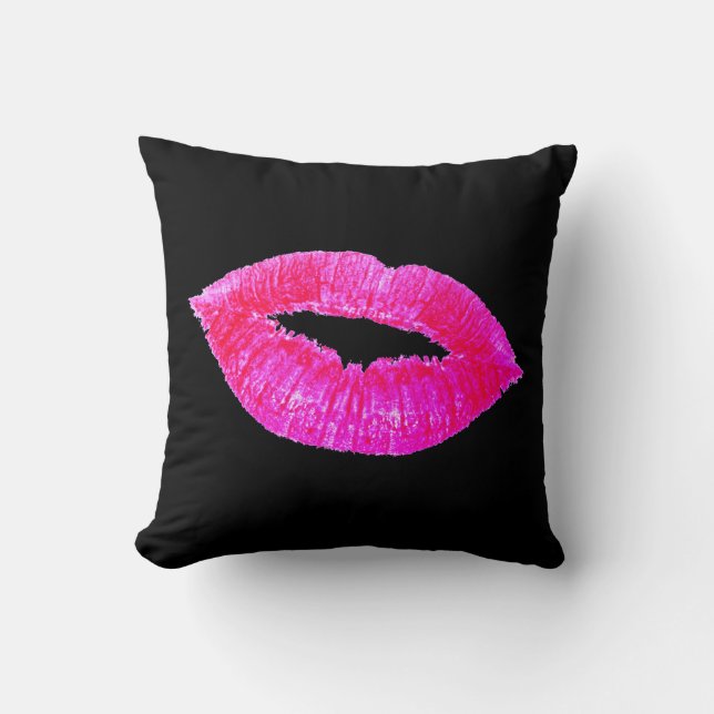 Kiss Lips Black Pink Lipstick Large Mouth Pillow (Front)