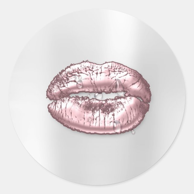 Kiss Lips Glitter Pink Makeup Artist Water Drops Classic Round Sticker (Front)