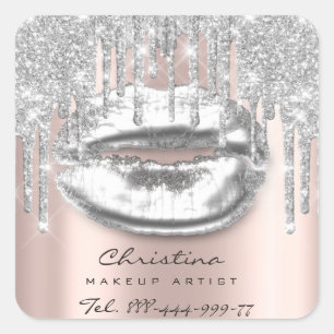 Kiss Lips Makeup Artist Glitter Drips Sparkly Grey Square Sticker