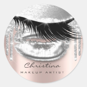 Kiss Lips Makeup Artist Glitter Lashe Sparkly Grey Classic Round Sticker