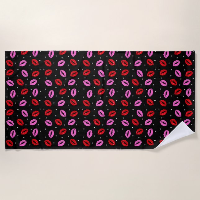 Kiss Lips Pink Red Hearts Beach Towel - BLK (Front)