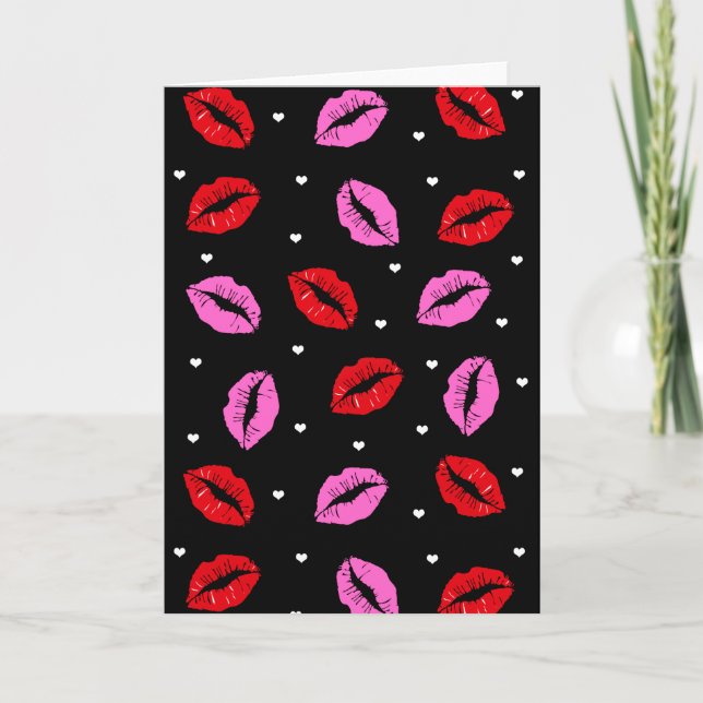 Kiss Lips Pink Red Hearts Greeting Card (Front)