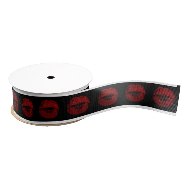Kiss Lips Red Lipstick Black Valentine Bridal Grosgrain Ribbon (Spool)