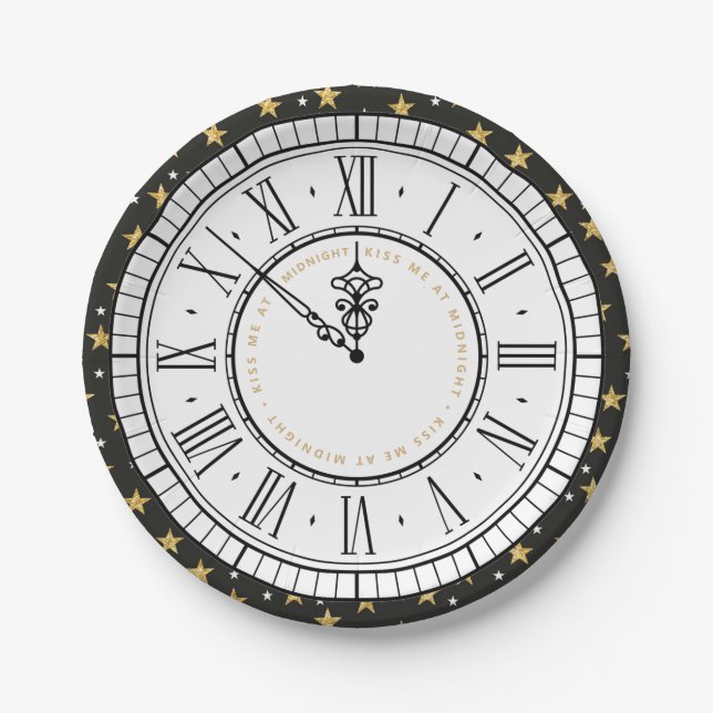 Kiss Me at Midnight New Years Clock Paper Plate (Front)