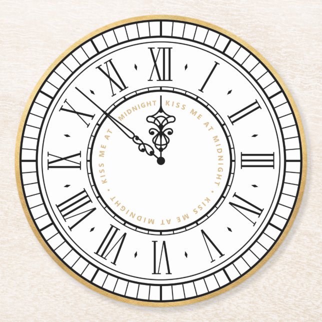 Kiss Me at Midnight New Years Clock Round Paper Coaster (Front)