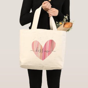 Kiss Me Cute Pink Textured Heart Large Tote Bag