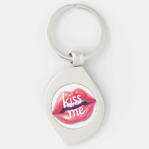 Kiss Me Glossy Red Lips Art Illustration Key Ring